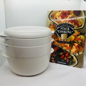 VTG Tupperware Stack Cooker 4 Pc Microwave Casserole Steamer & Recipe Book..